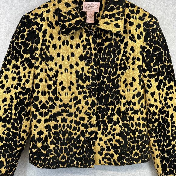 Lovely Jacket Womens Size 12 Tan Black Polyester Blend Leopard Print Button Up - Picture 3 of 13